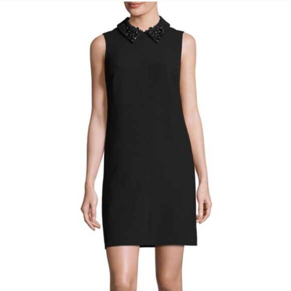 TRINA TURK (NWT) Marta Embellished Collar Crepe Black Mini Shift Dress, Size 6 - Picture 1 of 15